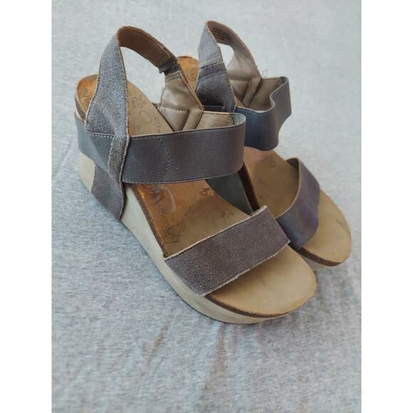 OTBT Bushnell Leather Textile Wedges Sandals Brown Gray Sz 8.5M - Picture 1 of 6